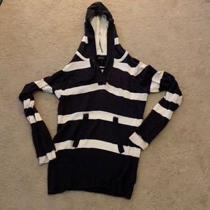 Striped gray and white hooded sweater